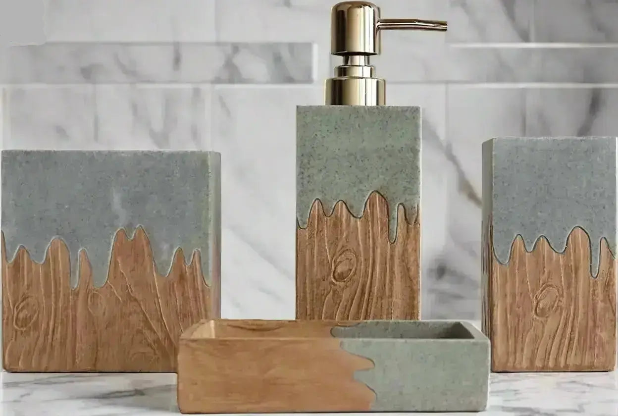 Gray and wood bathroom accessories set styled on bathroom counter with decorative plant and soap dispenser