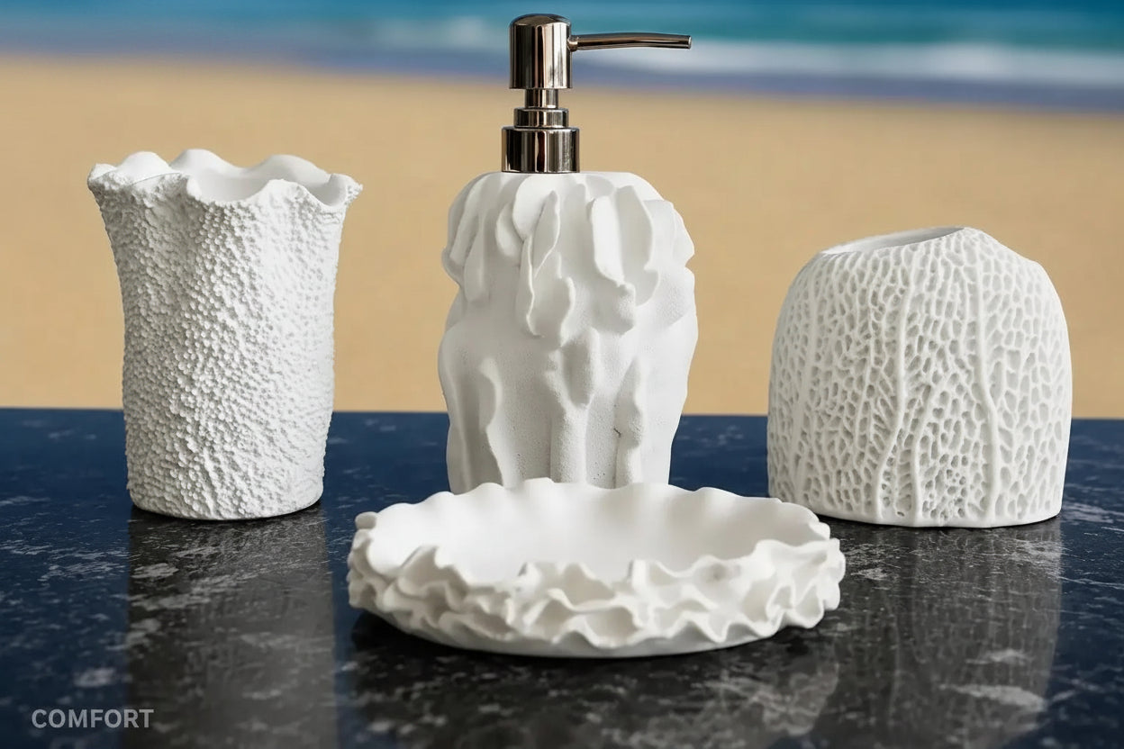 White textured bathroom accessories set with soap dispenser, toothbrush holder, tumbler, and soap dish with coral style surface