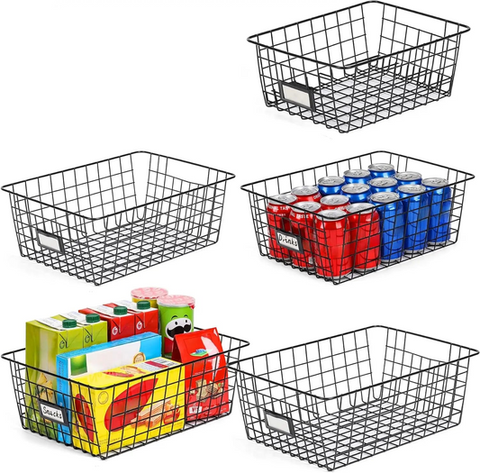 6 piece black metal wire basket storage set for kitchen pantry organization 