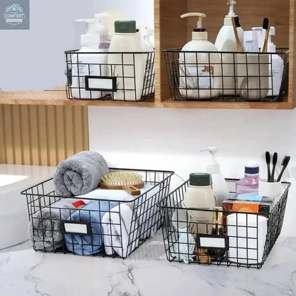 modern farmhouse wire basket storage set styled in cozy home interior