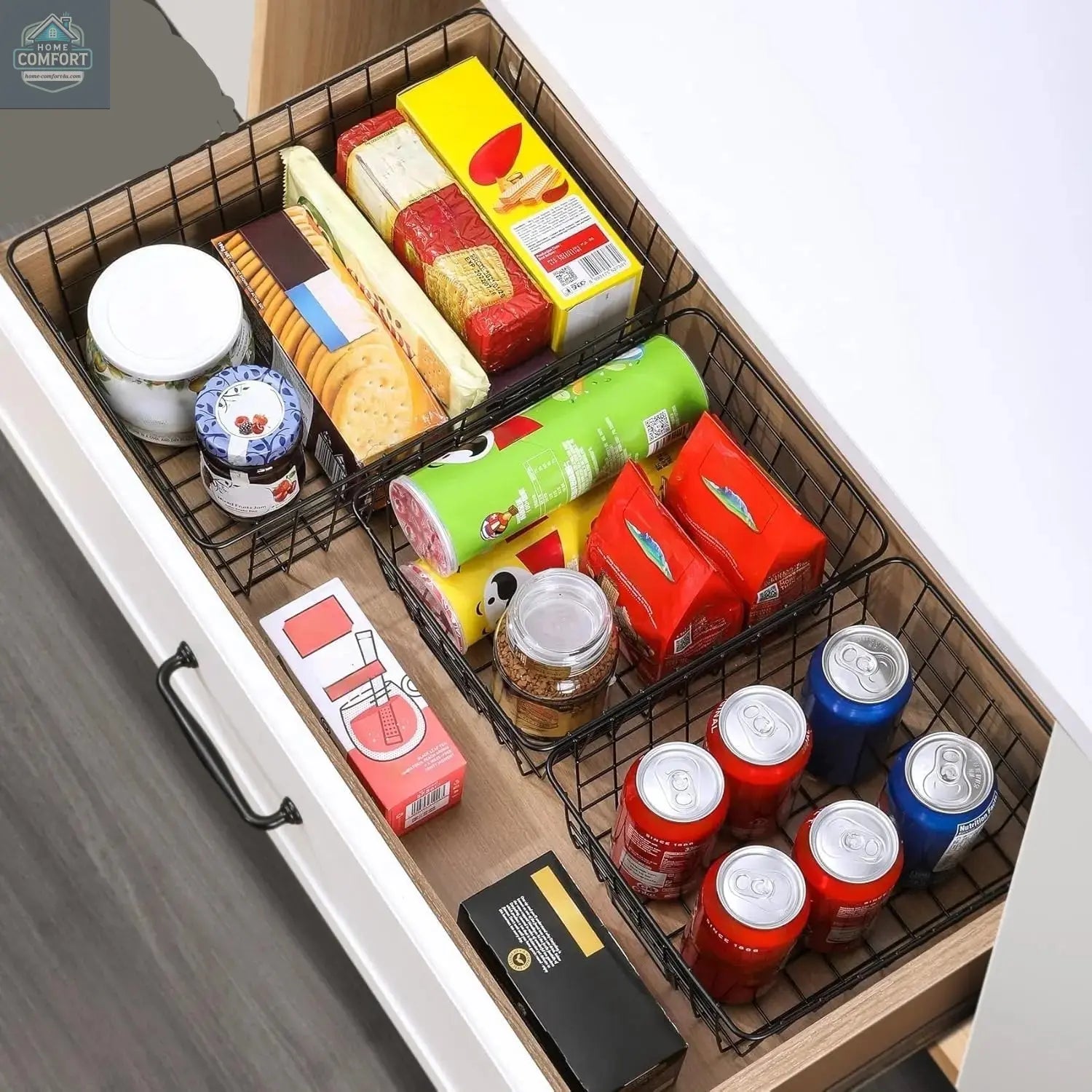 wire basket storage set organizing kitchen drawer with food containers and pantry items for home organization
