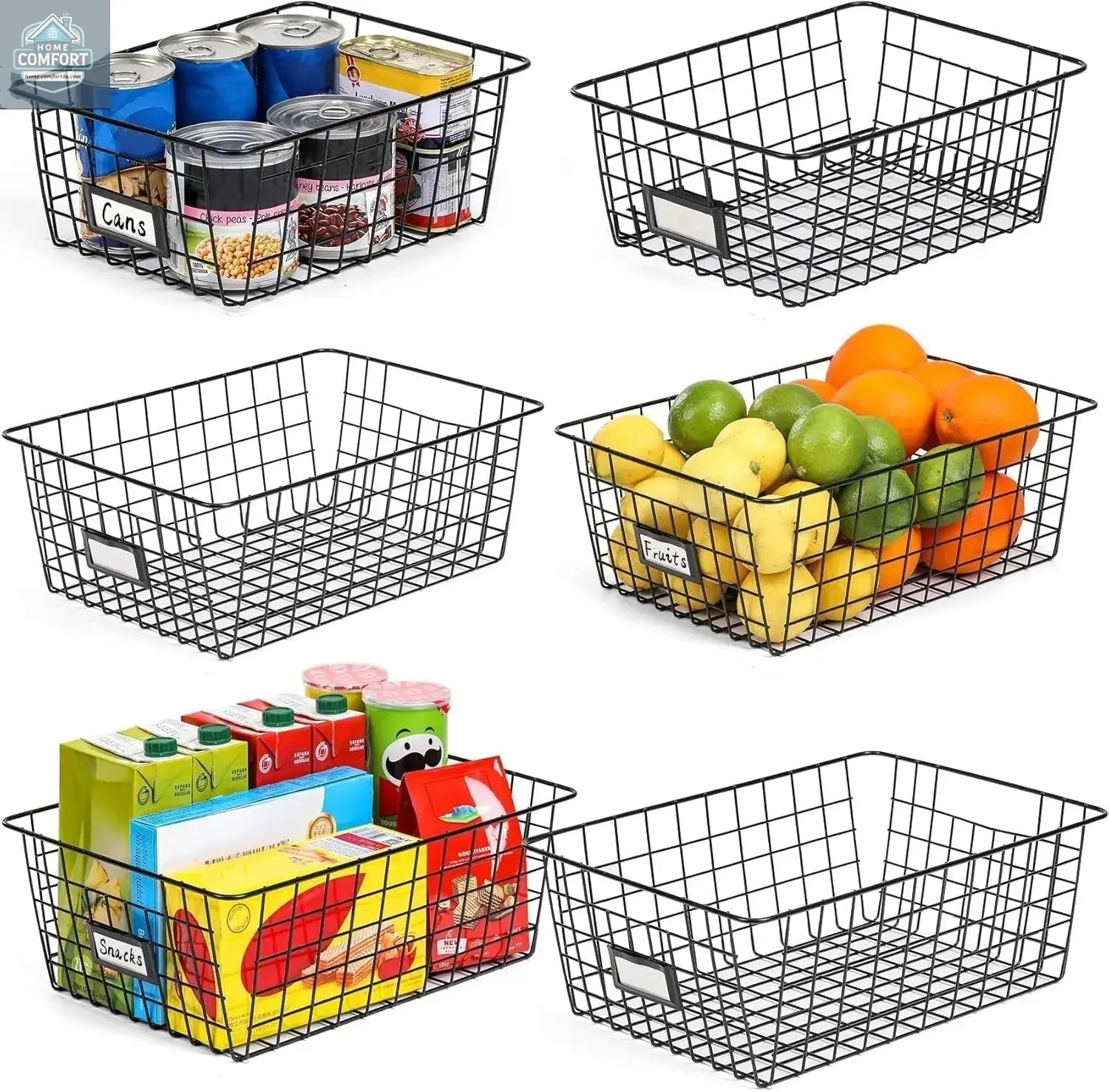 six piece black wire basket storage set showing multiple sizes with food and empty baskets for kitchen pantry organization
