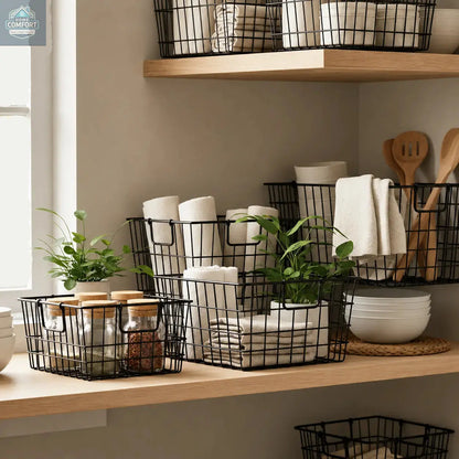 Black wire storage baskets arranged on wooden shelves in a kitchen setting, holding white dishes, jars, and small potted green plants.