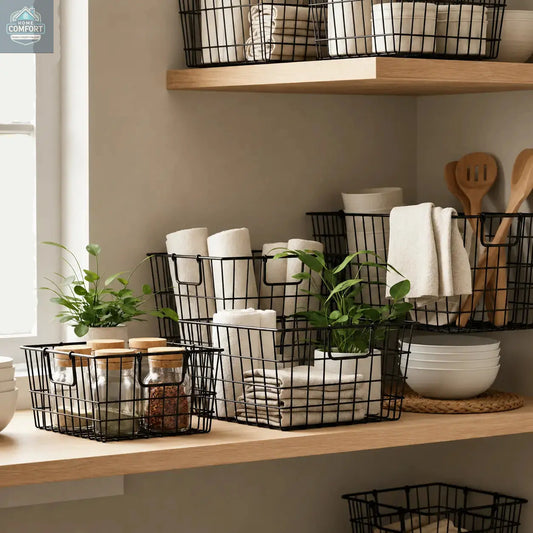 Black wire storage baskets arranged on wooden shelves in a kitchen setting, holding white dishes, jars, and small potted green plants.
