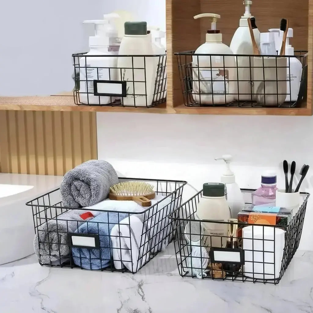 modern farmhouse wire basket storage set styled in cozy home interior