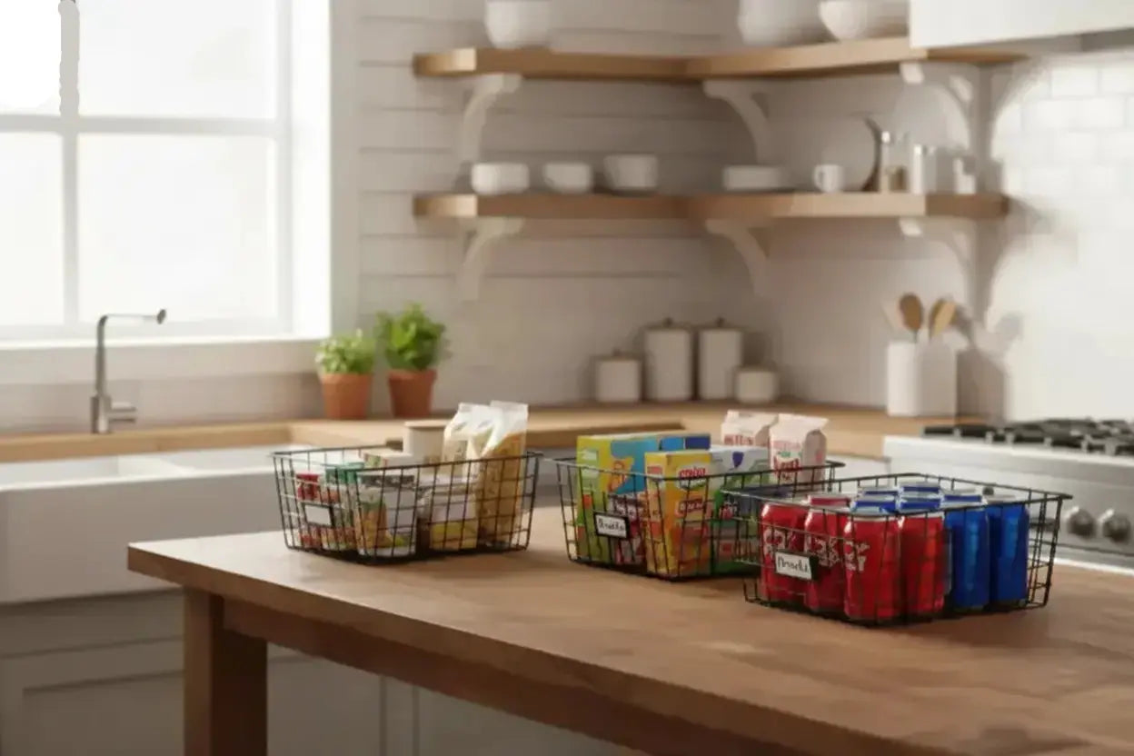 Black wire storage baskets organizing snacks and canned drinks on a farmhouse kitchen counter.