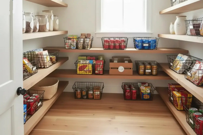 Organized farmhouse pantry with black wire storage baskets holding snacks, canned drinks, and pantry goods on wooden shelves.