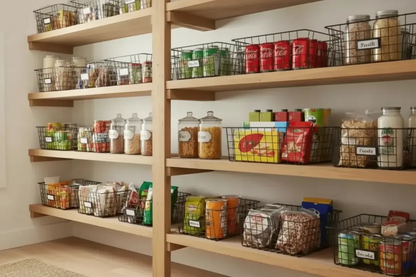 Black wire storage baskets organizing snacks, canned drinks, and pantry items on wooden farmhouse pantry shelves.