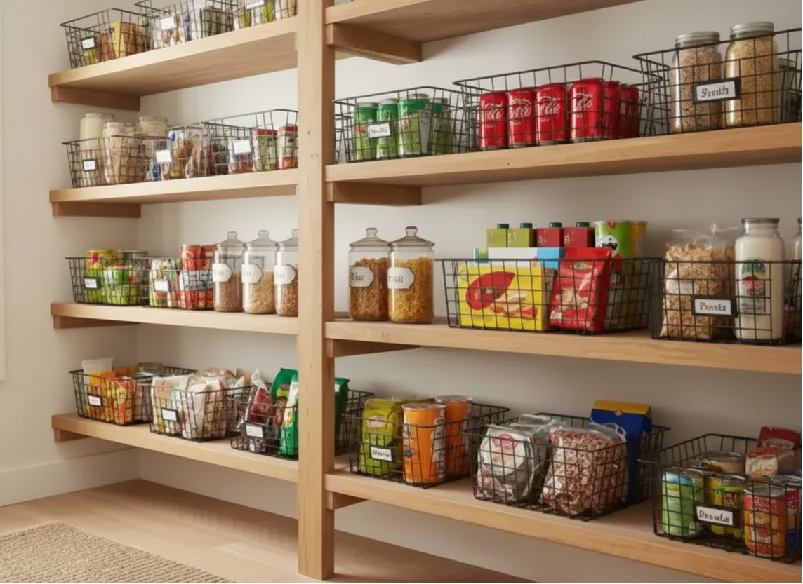 Black wire storage baskets organizing snacks, canned drinks, and pantry items on wooden farmhouse pantry shelves.
