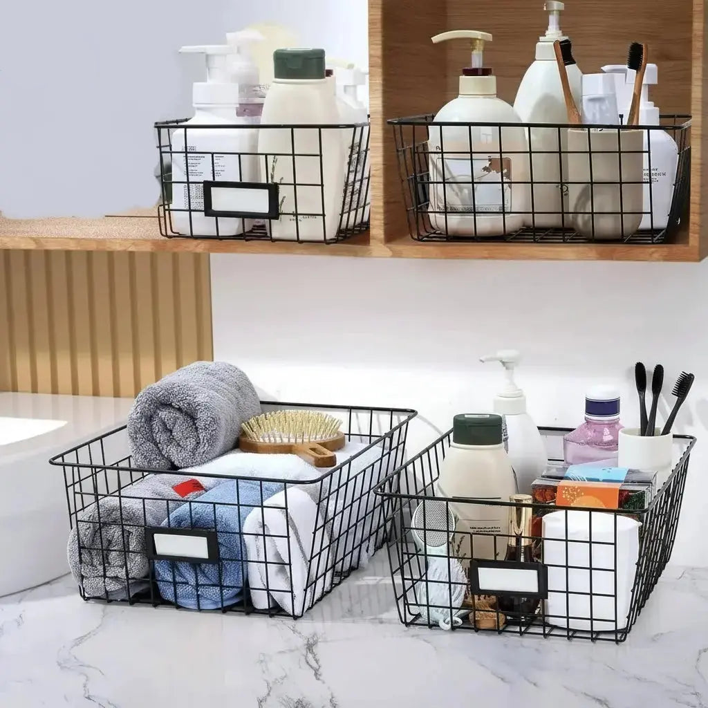 modern farmhouse wire basket storage set styled in cozy home interior