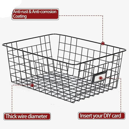 close up of black metal wire basket showing durable grid design 