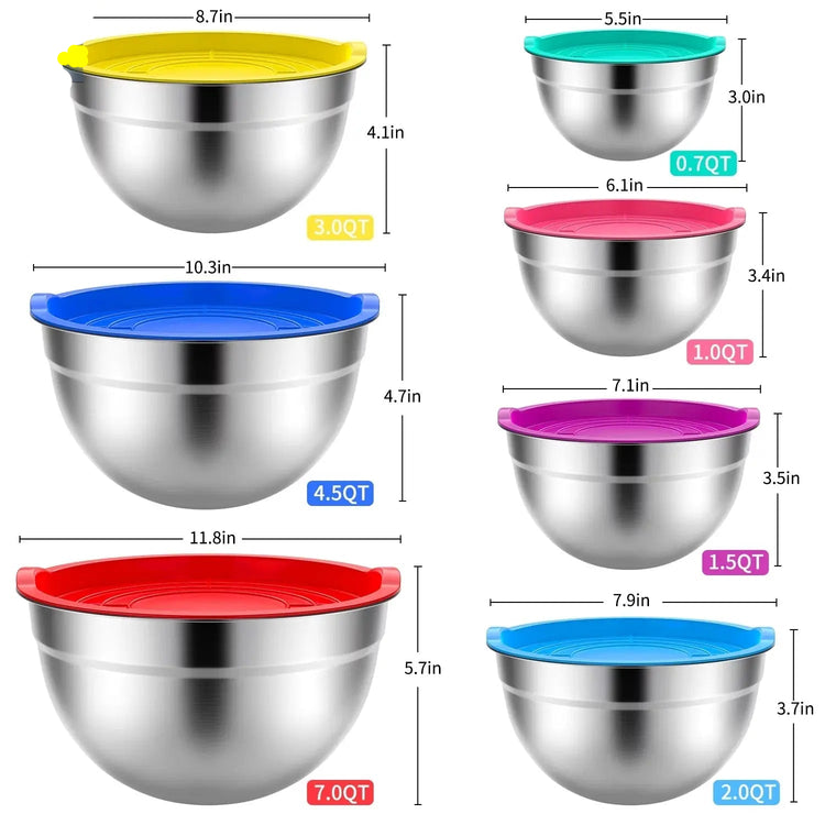 7 Pack Stainless Steel Mixing Bowls Set, Metal Nesting Mixing Bowls for Kitchen, 7/4.5/3.0/2.0/1.5/1.0/0.7QT, Great for Prep, Baking, Serving, Multicolor