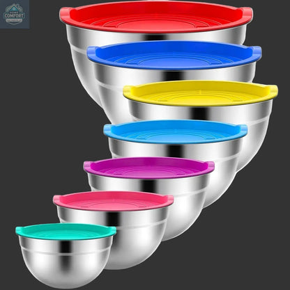 stainless steel mixing bowls set with lids isolated on background showing full kitchen storage bowl set
