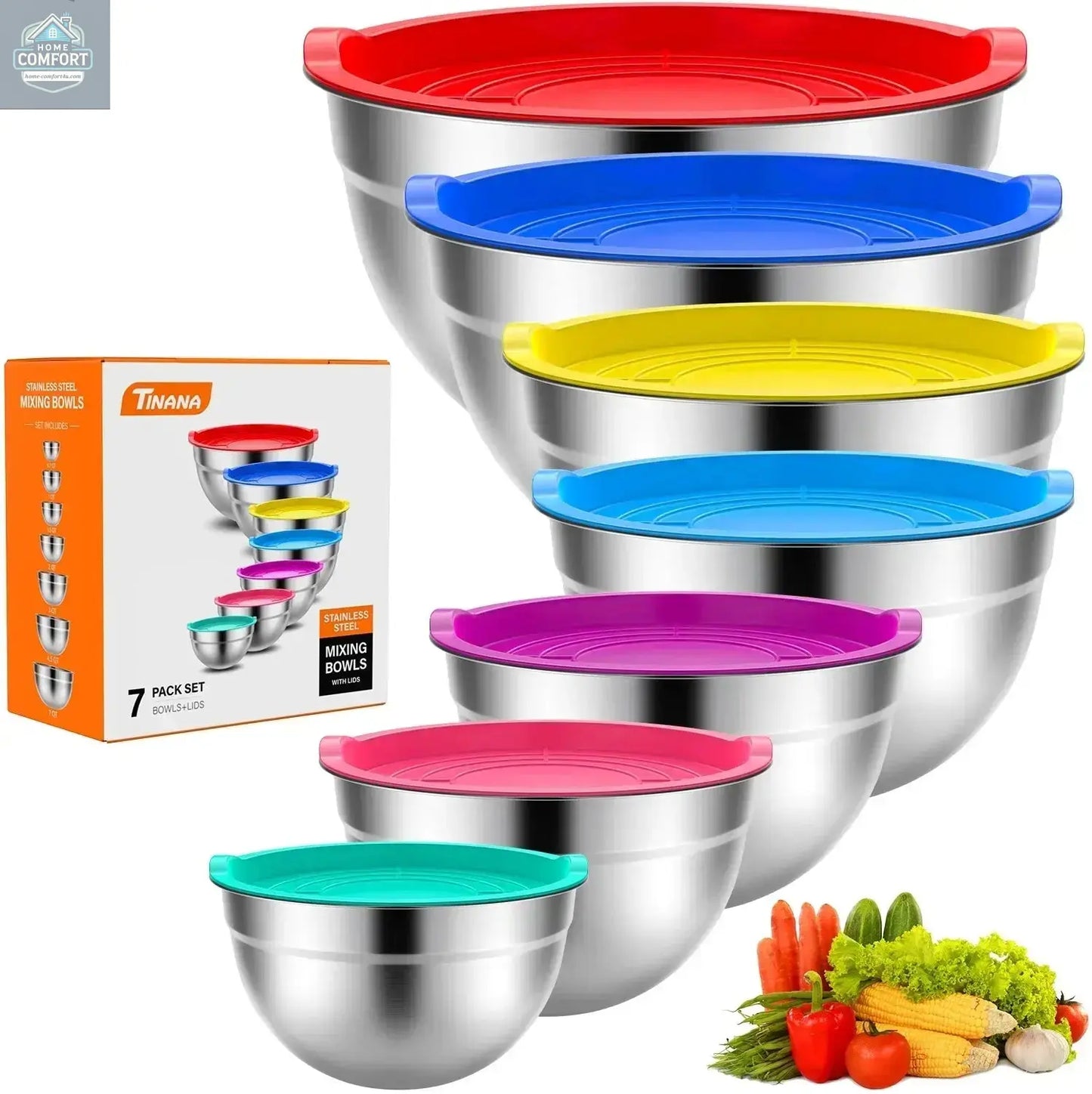 7 pack stainless steel mixing bowls set with airtight lids in multiple sizes for kitchen prep and storage
