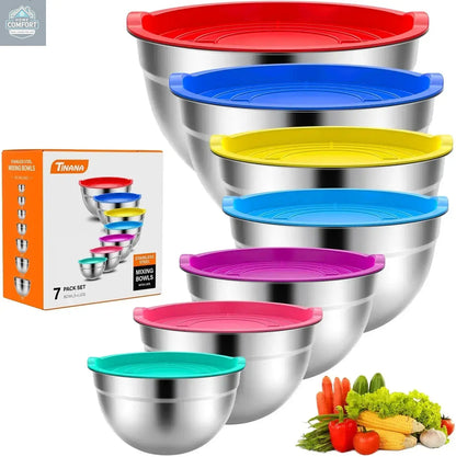 7 pack stainless steel mixing bowls set with airtight lids in multiple sizes for kitchen prep and storage

