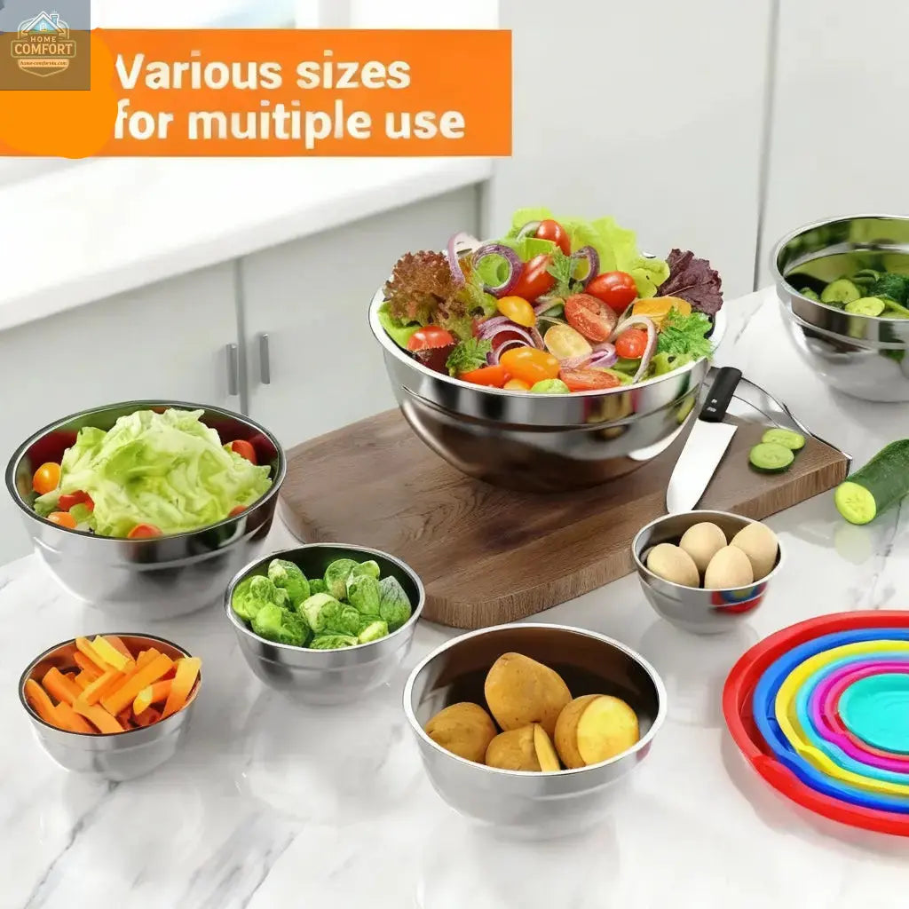 Stainless steel mixing bowls with lids used for food preparation including salad vegetables and ingredients on kitchen counter
