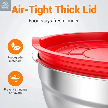 Close up of airtight lid on stainless steel mixing bowl designed to keep food fresh and prevent spills
