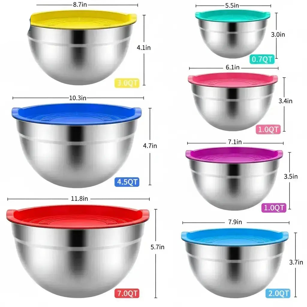  stainless steel mixing bowls size comparison chart showing multiple bowl capacities and dimensions
