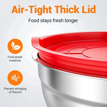 Close up of airtight lid on stainless steel mixing bowl designed to keep food fresh and prevent spills
