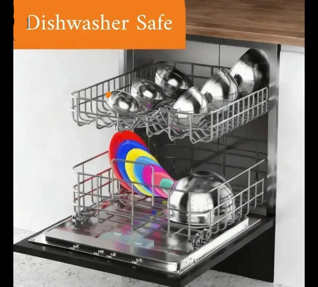 Stainless steel mixing bowls with lids shown in dishwasher demonstrating dishwasher safe cleaning
