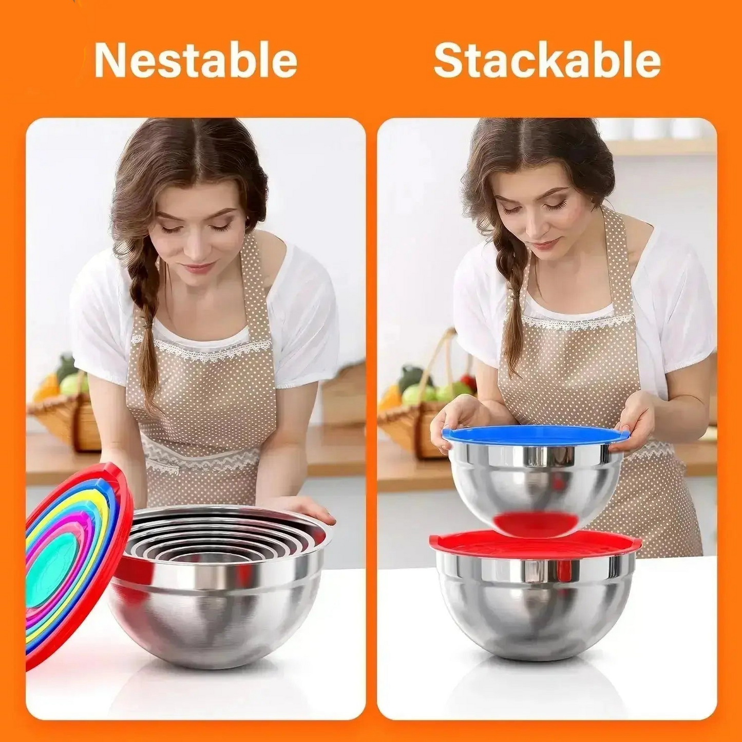 stainless steel mixing bowls demonstrating nesting storage and stackable design with airtight lids
