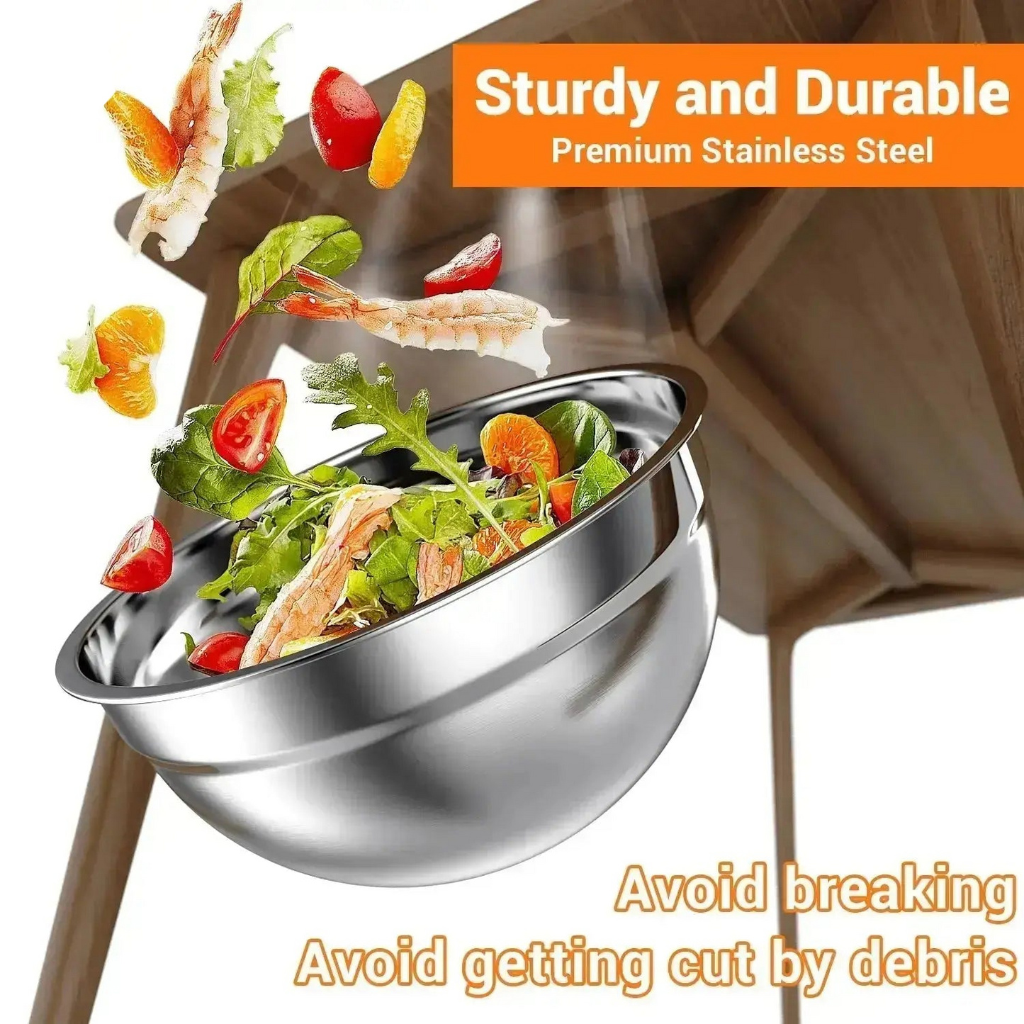 Durable stainless steel mixing bowl designed for kitchen food preparation and long term use
