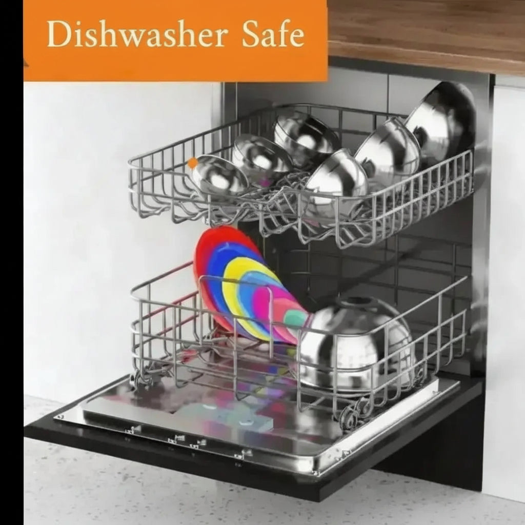 Stainless steel mixing bowls with lids shown in dishwasher demonstrating dishwasher safe cleaning
