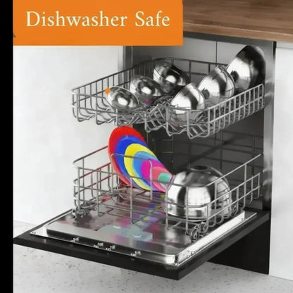 Stainless steel mixing bowls with lids shown in dishwasher demonstrating dishwasher safe cleaning
