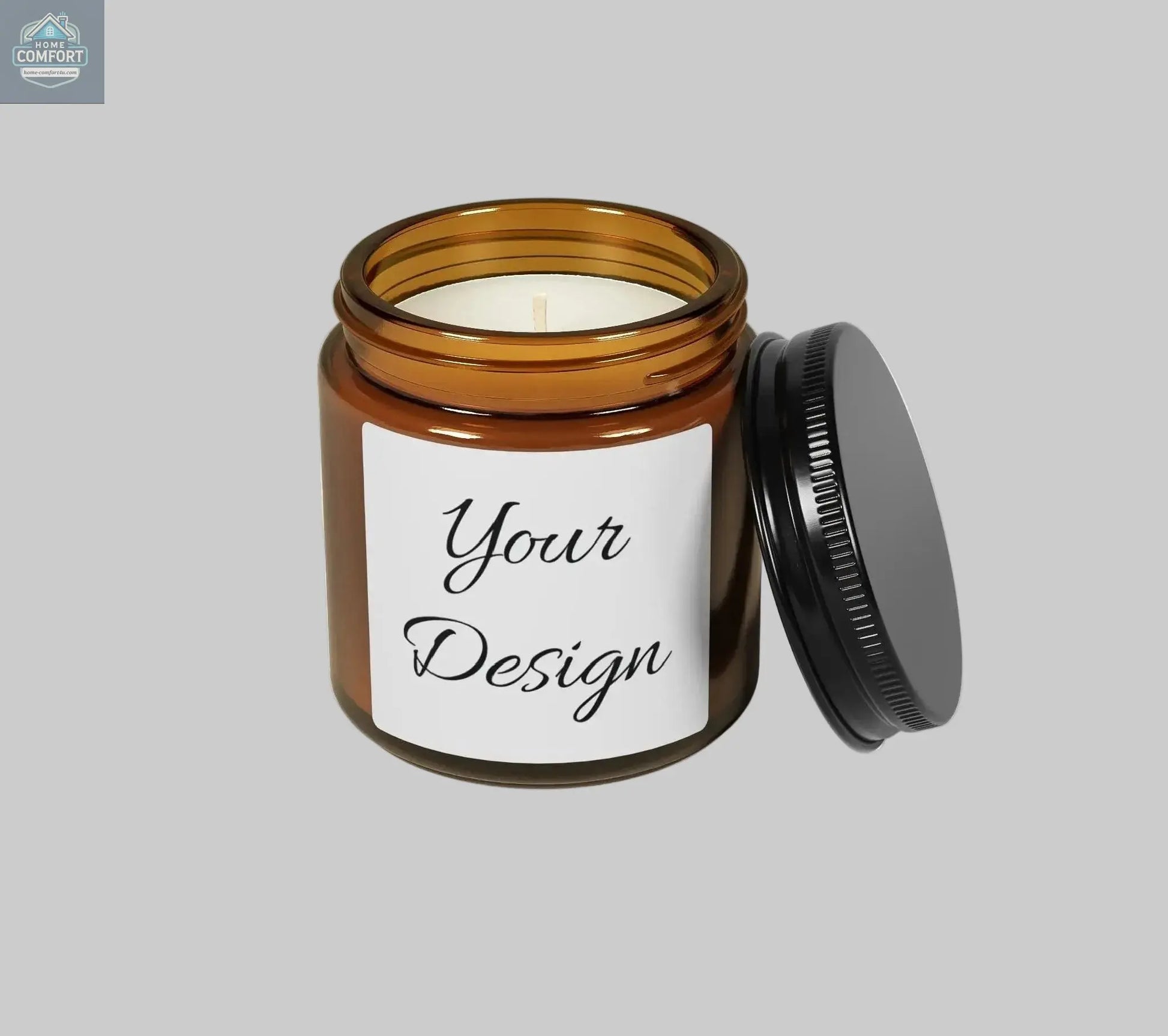 4 oz candle in an amber jar with a white label on a white background
