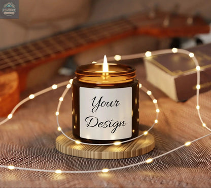 4 oz candle in a jar with 'Your Design' label on a wooden coaster surrounded by string lights, with a guitar in the background.