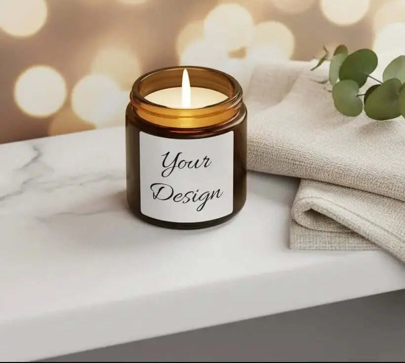 Amber Soy Candle in a glass jar with a cat design on a shelf with books and a plant