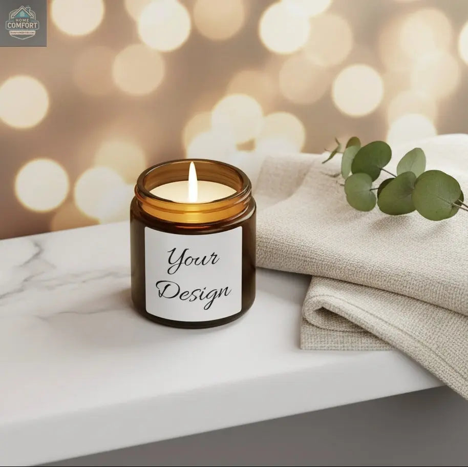 Candle in a glass jar with a cat design on a shelf with books and a plant