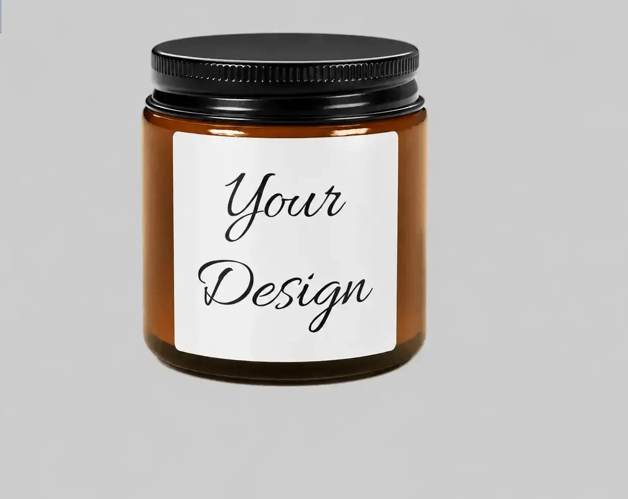 Amber Soy Candle with black lid and customizable label on a gray background