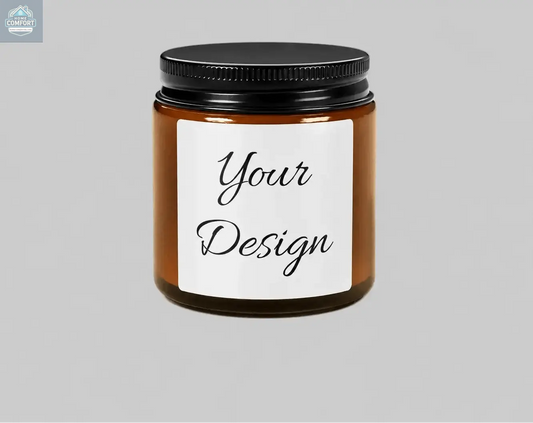 Amber Soy Candle with black lid and customizable label on a gray background