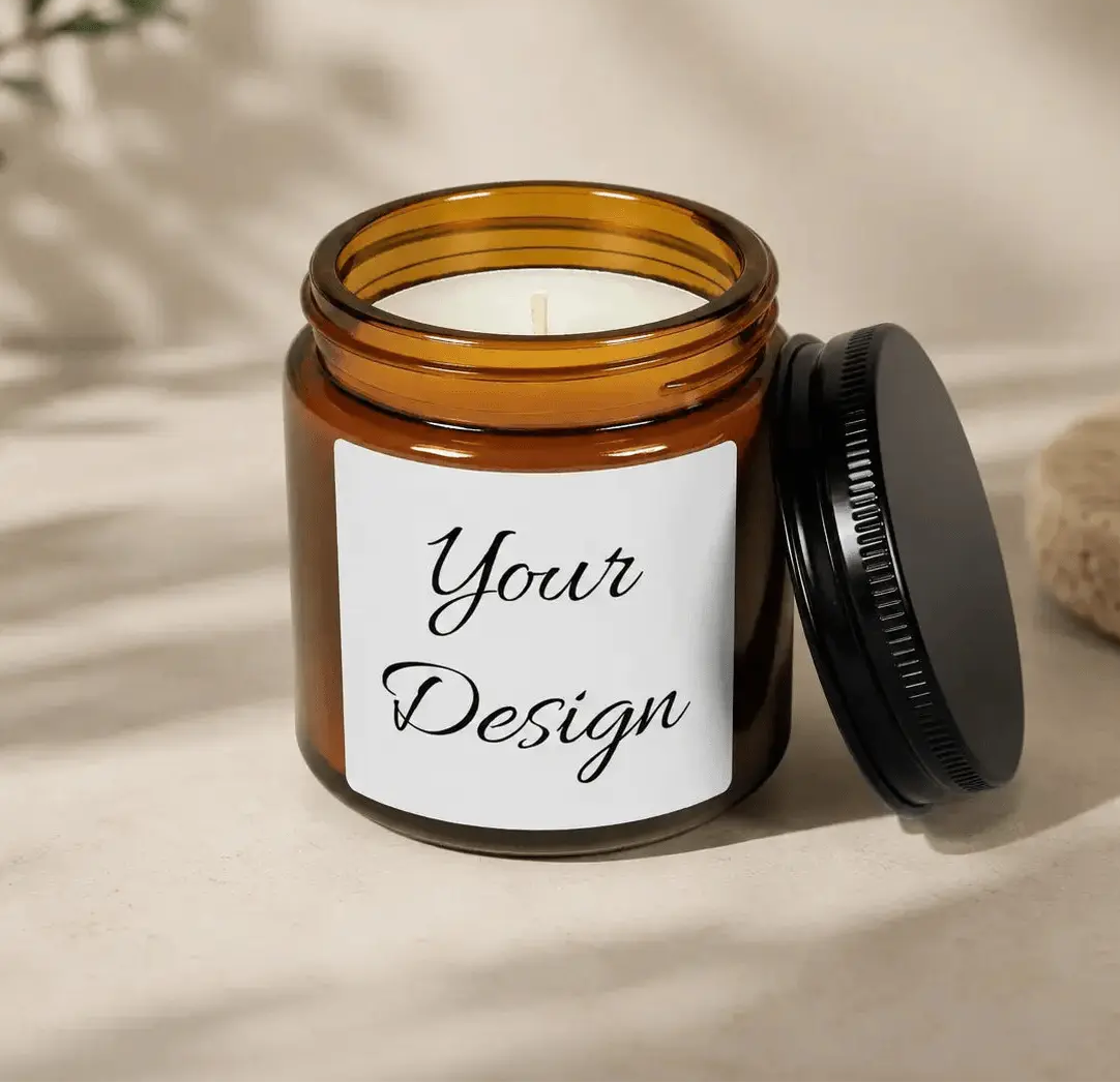 Amber Soy Candle with a black lid on a beige background