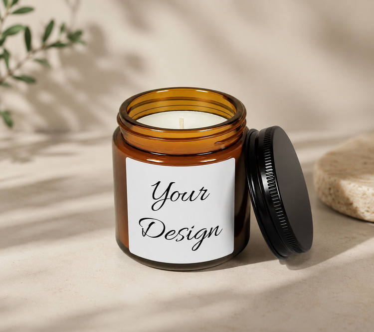 Amber Soy Candle with a black lid on a beige background