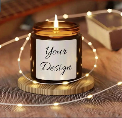 Amber Soy Candle 4 oz in a jar with 'Your Design' label on a wooden coaster surrounded by string lights, with a guitar in the background.