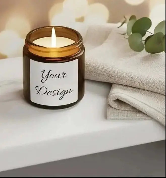 Amber Soy Candle in a glass jar with a cat design on a shelf with books and a plant