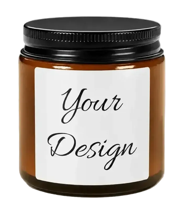 Amber Soy Candle with black lid and customizable label on a gray background