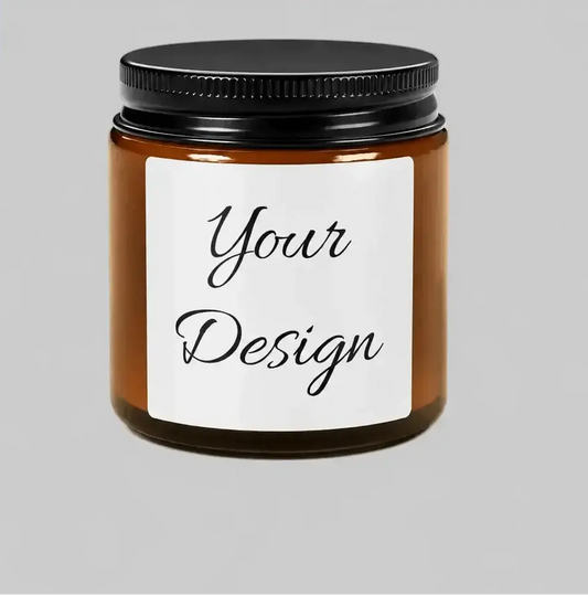 Amber Soy Candle with black lid and customizable label on a gray background