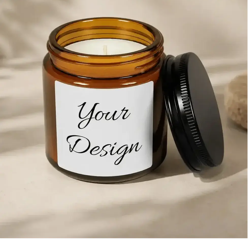 Amber Soy Candle with a black lid on a beige background