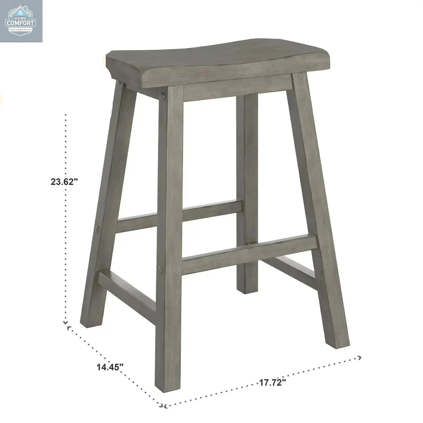 Grey wood saddle seat backless counter stool showing product size measurements