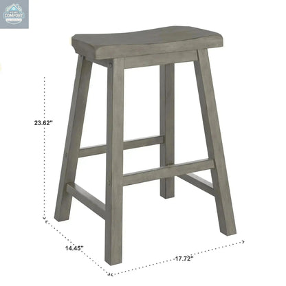 Grey wood saddle seat backless counter stool showing product size measurements