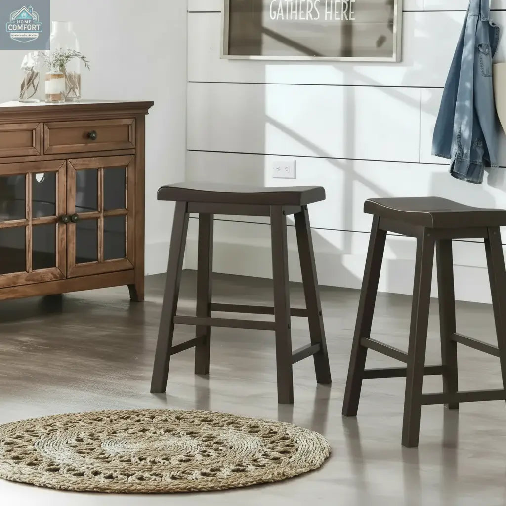 Set of two dark brown wood backless counter stools placed in farmhouse style room