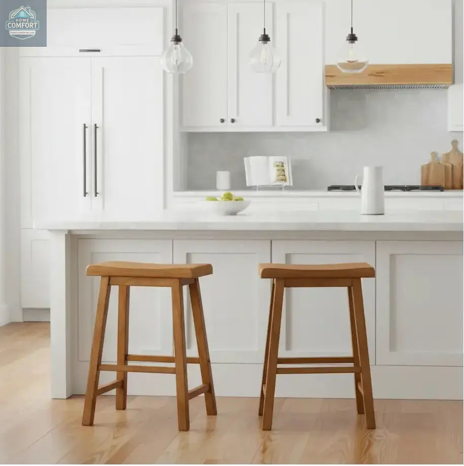 Set of two natural wood saddle seat backless counter stools in indoor room setting