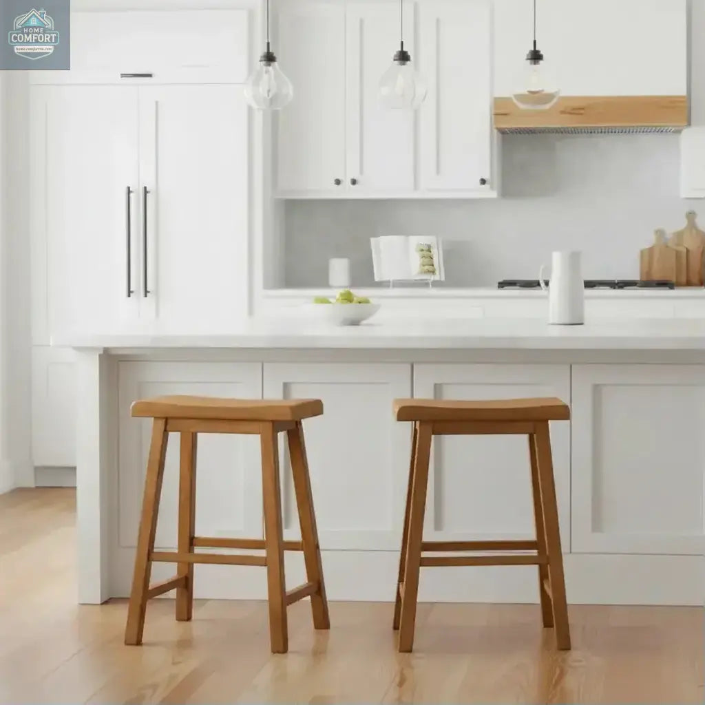 Set of two natural wood saddle seat backless counter stools in indoor room setting