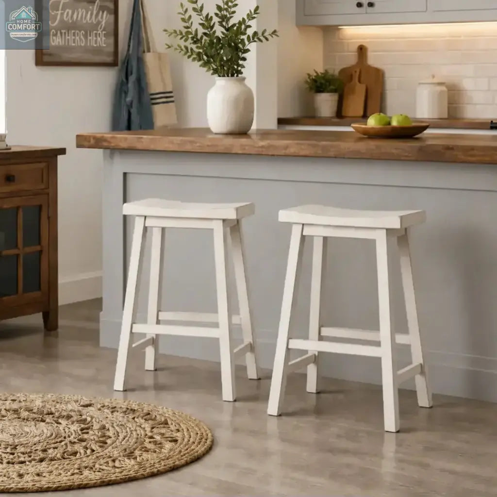 Set of two white wood saddle seat backless counter stools placed in farmhouse interior