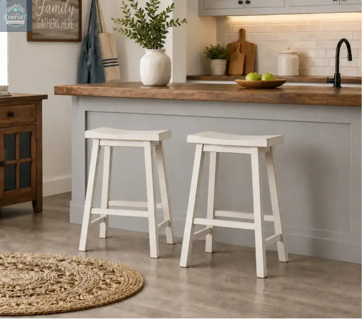 Set of two white wood saddle seat backless counter stools placed in farmhouse interior