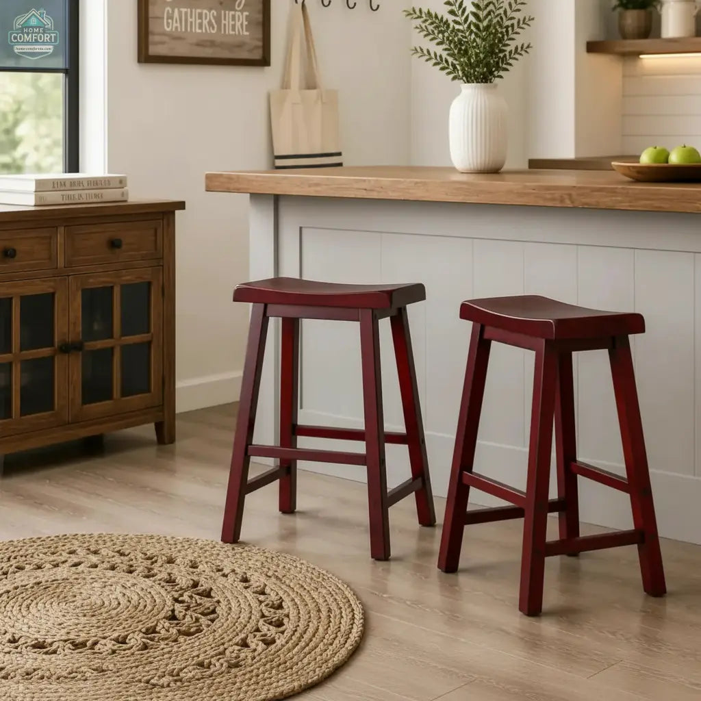 Set of two red wood saddle seat backless counter stools shown in indoor room