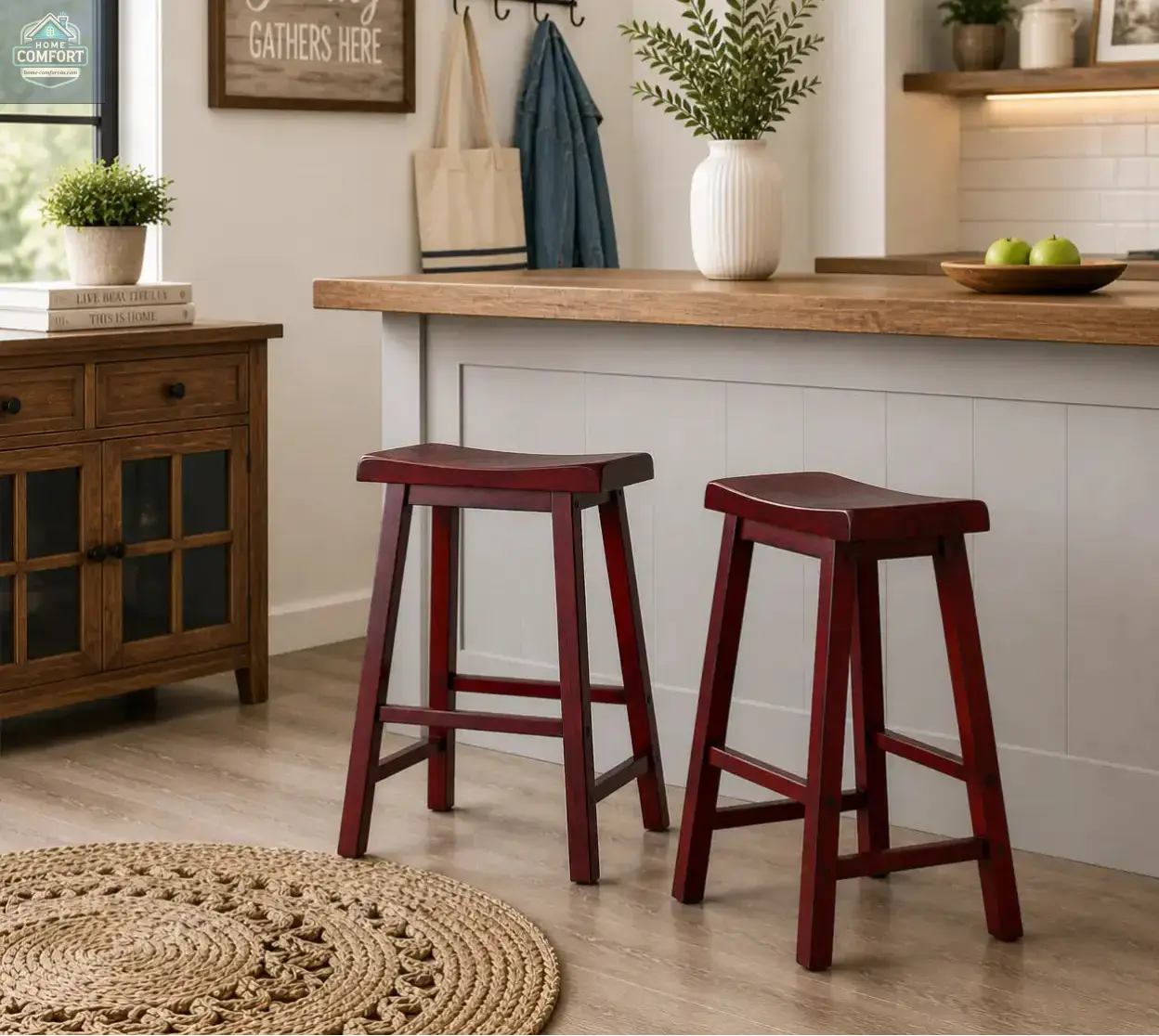 Set of two red wood saddle seat backless counter stools shown in indoor room